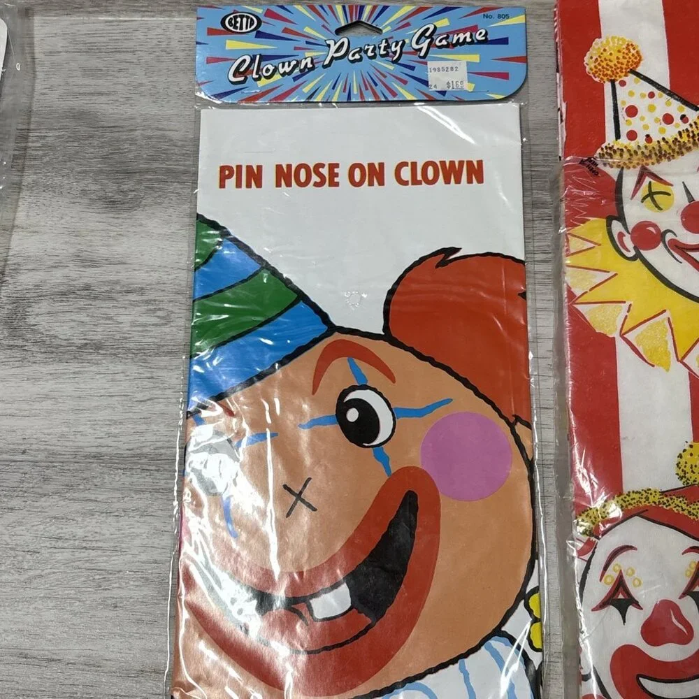 Vtg Birthday Party Supplies Clown Cake Toppers Game Cloth Honeycomb Centerpiece